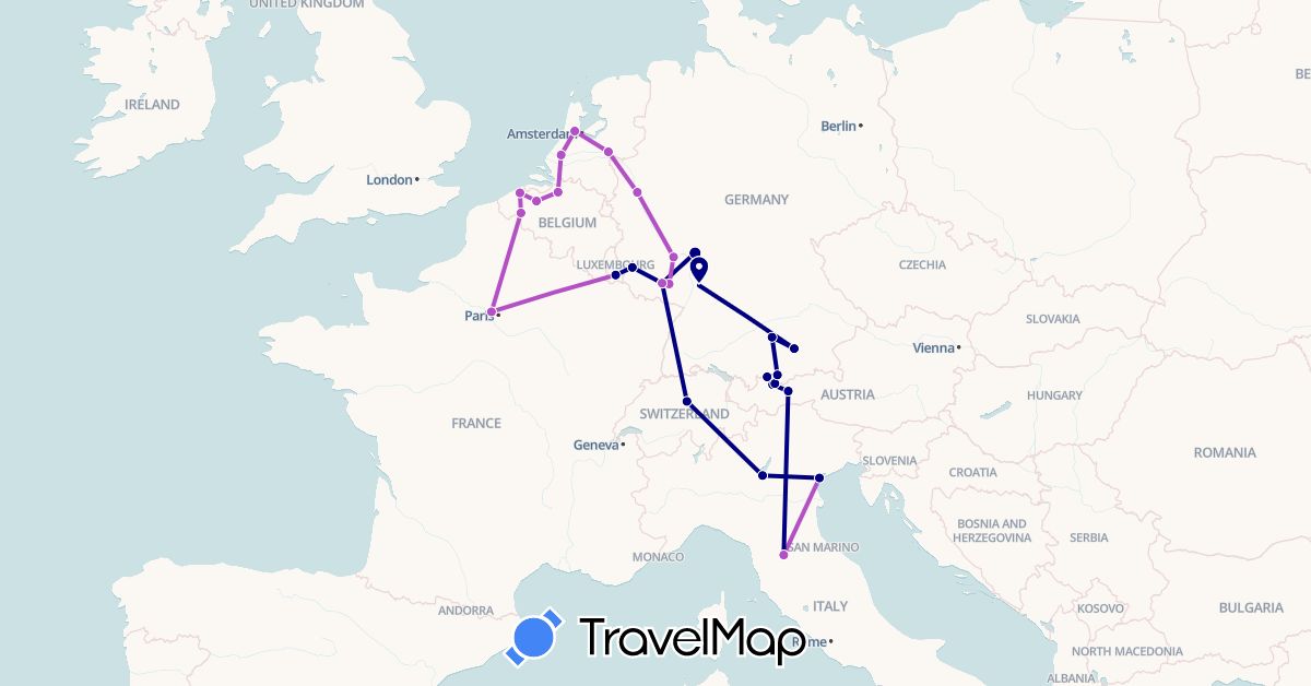 TravelMap itinerary: driving, train in Austria, Belgium, Switzerland, Germany, France, Italy, Luxembourg, Netherlands (Europe)
